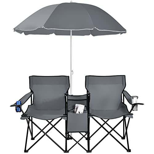 Goplus Double Camping Chair with Umbrella, Folding Loveseat Chairs w/Canopy Shade, Carrying Bag, Table, Cup Holder, Portable Beach Chairs Outdoor Picnic Patio (Grey) - color: Grey