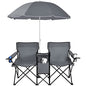 Goplus Double Camping Chair with Umbrella, Folding Loveseat Chairs w/Canopy Shade, Carrying Bag, Table, Cup Holder, Portable Beach Chairs Outdoor Picnic Patio (Grey) - color: Grey