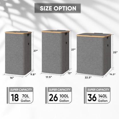 BALEINE Laundry Hamper with Lid, Tall Laundry Baskets with Bamboo Pull Handles, Large Laundry Bin with Internal Support (26 Gal/100L, Beige) - color: Beige, size: 100 liters