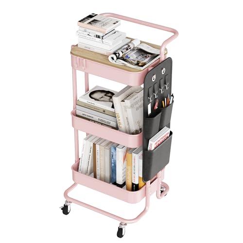 DTK 3-Tier Metal Utility Rolling Cart with Table Top and Side Bags, Art Craft Cart with 4 Hooks for Kitchen, Bathroom, Office, Living Room (Pink) - color: Pink, size: Large