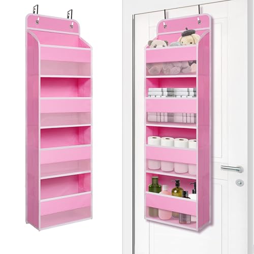 Giraffe Creation Compact Pink Over Door Organizer with 4 Large Clear Pockets, Compact Hanging Door Storage for Nursery, Bedroom, Bathroom, Closet, Baby Essentials - color: Original Pink
