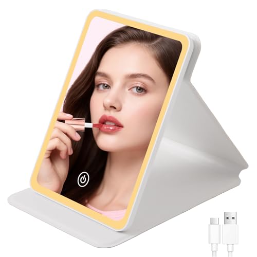 Travel Mirror with Light 3 Colors Dimmable Rechargeable 1500mAh Battery Last for 4~6 Hours fit for Birthday for Women (White) - color: White