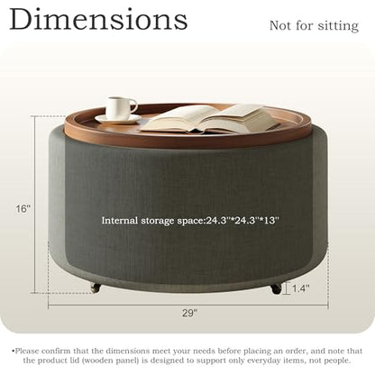 30'' Round Storage Ottoman Coffee Table with Walnut Tray, Round Ottoman with Storage, Modern Upholstered Coffee Table with with 4 Casters for Living Room, Linen Fabric, Dark Grey - color: Dark Grey