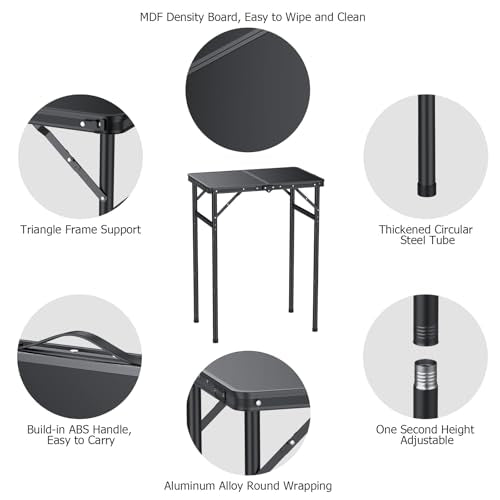 Portable Folding Camping Table 3-Level Height Adjustable Picnic Table with Aluminum Frame and Carry Handle, Lightweight Small Foldable Outdoor Side Table for Camping Travel Beach Hiking RV Indoor Use