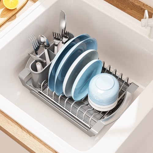 Expandable Dish Drying Rack for Sink or Countertop – Compact Stainless Steel Dish Drainer with Removable Utensil Holder, Rustproof Plate Rack for Small Kitchen Spaces, Grey