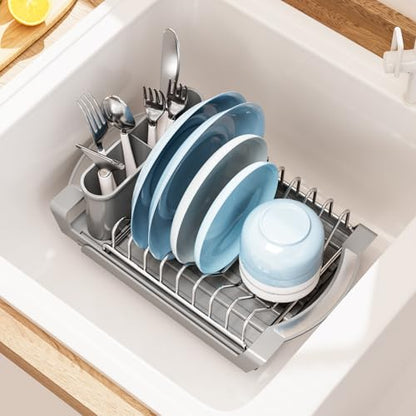 Expandable Dish Drying Rack for Sink or Countertop – Compact Stainless Steel Dish Drainer with Removable Utensil Holder, Rustproof Plate Rack for Small Kitchen Spaces, Grey