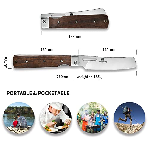 ZhengSheng Folding Chef Knife with Nylon Pouch 4.8" Sharp 440A Stainless Steel Blade Wooden Handle Pocket Foldable Japanese Style Kitchen Knife for Outdoor Camping Cooking - color: #6 Natural wooden Handle - Black Nylon Pouch