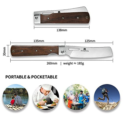 ZhengSheng Folding Chef Knife with Nylon Pouch 4.8" Sharp 440A Stainless Steel Blade Wooden Handle Pocket Foldable Japanese Style Kitchen Knife for Outdoor Camping Cooking - color: #6 Natural wooden Handle - Black Nylon Pouch