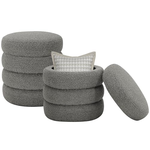 Krcix Round Ottoman with Storage Boucle Ottoman Stool Removable Lid for Living Room Modern Upholstered Vanity Storage Stool Foot Rest Bedroom Dorm Gifts Set of 2 (Grey) - color: Grey, size: set of 2