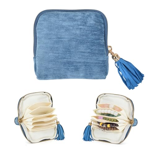 Travel Jewelry Case Small with Tassel Zipper, Soft Velvet Travel Jewelry Organizer Pouch for Necklaces, Rings and Earrings, Portable Multi Layer Jewelry Bags, Anti Tangle Storage (Light blue) - color: light ice blue