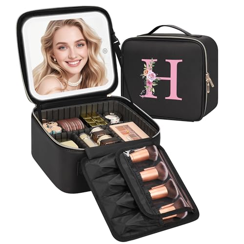 Relavel Initial Makeup Bag with LED Mirror for Women, Personalized Travel Cosmetic Organizer Train Case, Birthday Gifts for Teens Girls Grandkids Graduation Teacher Friends, Trendy Stuff, Black H - color: Black, style: H