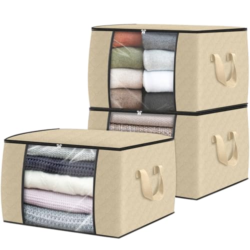 Fab totes 3 Pack Clothes Storage, Foldable Thick Fabric Blanket Storage Bags, Containers for Organizing Bedroom, Closet, Clothing, Comforter, Organization with Handle,Beige - color: Beige, size: 3 Pack-60l