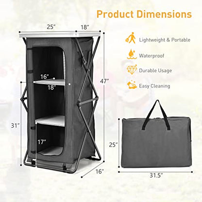 Goplus Folding Camping Storage Cabinet, Pop Up Outdoor Camping Kitchen Station with Large 3-Tier Storage Organizer, Carry Bag, Easy Set Up Portable Compact Camping Table for BBQ Picnic Backyard (47'') - size: 47''