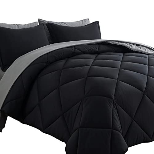 Cosybay Bed in a Bag Queen Reversible Comforter Sets 7pcs All Season Down Alternative Bedding Sets Black and Grey with Comforter, Pillow Shams, Flat Sheet, Fitted Sheet and Pillowcase - color: Black/Grey, size: Queen