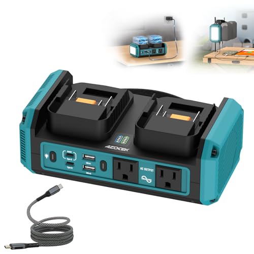Azocek 350W Power Inverter Pure Sine Wave Compatible with Makita 18V Battery (No Battery), 7A Fast Charger, Portable Power Station with 2 AC Outlets, 2 Type-C (140W/65W), 2 QC USB Ports, 600LM LED - color: Blue