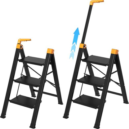 3 Step Ladder with Single-Handrail, Aluminum Step Stool Foldable, Lightweight Sturdy Step Ladder with Anti-Slip Pedals,Convenient Handrail for Home Kitchen Closet, 600lbs Max Load Capacity (Yellow) - color: Yellow, size: 3 steps