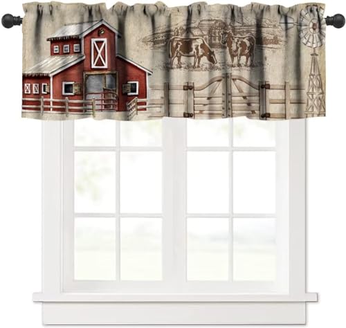 Rustic Farm Kitchen Valance, Vintage Western Farmhouse Country Cow Retro Red Barn Windmill Window Treatment Valance for Cafe Living Room Bedroom, 54x18in - color: Farmhouse-13