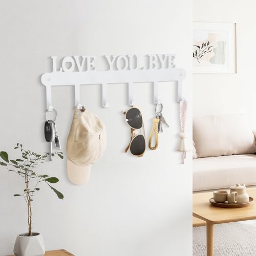 Key Holder for Wall - 'Love You Bye' Key Hooks,Key Holder Wall Mount Self Adhesive, Key Rack Wall Mount for Wall No Drill for Living Room, Kitchen, Bathroom, Garage (White, 6 Hooks) - color: Love You Bye' White