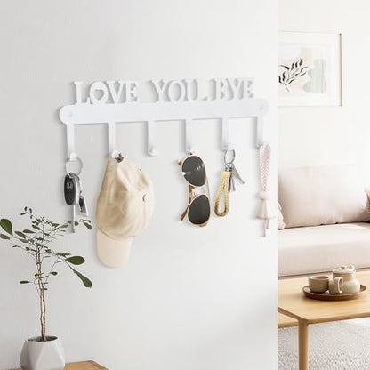 Key Holder for Wall - 'Love You Bye' Key Hooks,Key Holder Wall Mount Self Adhesive, Key Rack Wall Mount for Wall No Drill for Living Room, Kitchen, Bathroom, Garage (White, 6 Hooks) - color: Love You Bye' White