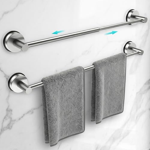 Adjustable Suction Cup Towel Bar for Bathroom Wall,14.6Inch~24 Inch Towel Racks for Bathroom,Stainless Steel Bath Towel Holder for Shower,2 Pack(Brushed Silver) - color: Silver-2pcs, size: 14.6-24"