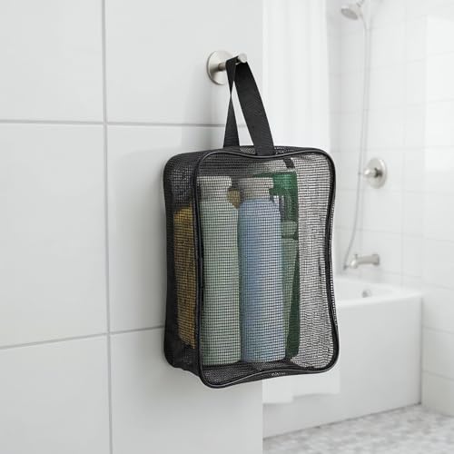 Mesh Shower Caddy Bag for Bathroom Gym Black Portable Toiletry Organizer Gym Shower Mesh Bag Quick Dry Tote Bags with Zipper for Hanging Women Men Dorm Camping Swimming Beach