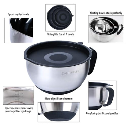 Rorence Stainless Steel Mixing Bowls Set: Metal Mixing Bowl with Lids and Handles Non-slip Silicone Bottom Nesting Bowls for Kitchen Set of 3 - color: Black Set