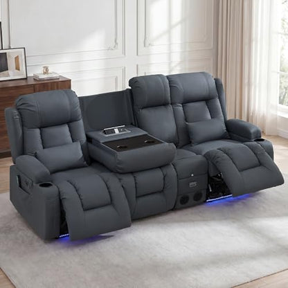 URRED Power Loveseat Recliner Sofa with Massage and Heat, Wall Hugger Reclining Loveseat with Console, RV Couch Home Theater Seating with LED Lights for Living Room (Blue Grey, 89.8" - 3 Seats) - color: Blue Grey, size: 89.8" - 3 Seats