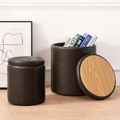 oakvivo Round Set of 2 14.76" L x 14.76" W x 17.32" H Faux Leather Ottoman with Storage, Small Foot Rest Storage Ottomen with Lid Living Room, Bedroom Vanity Stool Chair, Coffee - color: Coffee