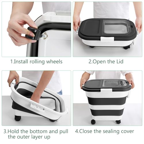 ShineMe Dog Food Storage Container, 30 Lbs Collapsible Food Storage Containers with Rolling Wheel Airtight Locking Lid, Cat Foods Bin with Cup and Scoop, Suitable for Pet Snack, Rice, Flour (Black) - color: 30 Lbs Black