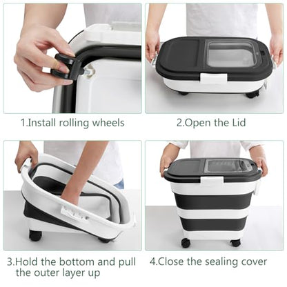 ShineMe Dog Food Storage Container, 30 Lbs Collapsible Food Storage Containers with Rolling Wheel Airtight Locking Lid, Cat Foods Bin with Cup and Scoop, Suitable for Pet Snack, Rice, Flour (Black) - color: 30 Lbs Black