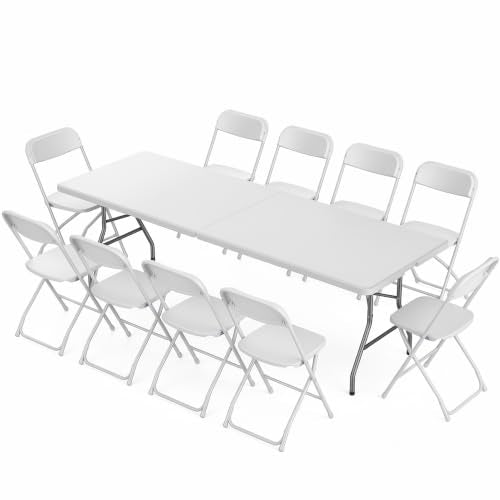 Sweetcrispy 8 FT Folding Picnic Table with 10 White Folding Chairs, Easy to Fold and Store, Foldable Table for Camping Picnic Dining Party Kitchen Outdoor Indoor with Carrying Handle - color: White, size: 8 FT Table With 10 Chair