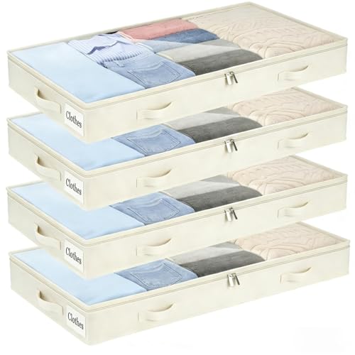 4 Inch Low Profile Under Bed Storage Drawer 4 Pack, Lightweight Underbed Clothes Storage Container Bins With NO STURCTURE, Shallow Storage Bag for Dorm & Home, With Clear Lids & Water-Resistant Fabric - color: Soft-White-4 Pack, size: 4 Inch