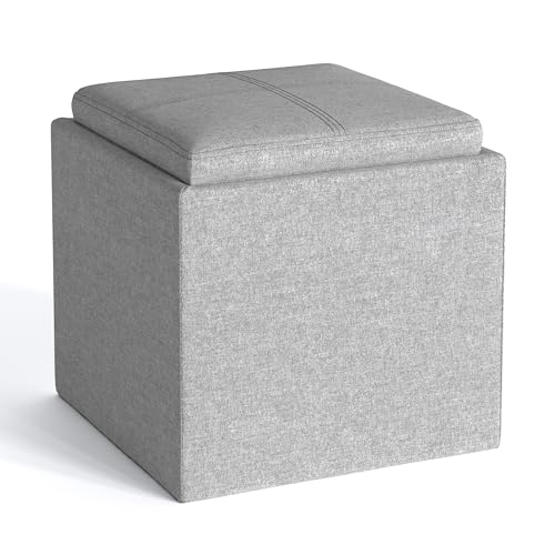 SIMPLIHOME Rockwood Cube Storage Ottoman with Tray - 17" Wide x 17" High Upholstered Linen Look Fabric Square Storage Ottoman in Cloud Grey, Contemporary Cube Ottoman for Living Room with Serving Tray - color: Cloud Grey