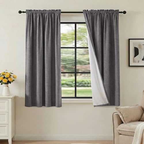 H.VERSAILTEX Linen Look 100% Blackout Curtains 45 Inches Long for Bedroom Full Light Blocking Rod Pocket 42 Inches Wide Linen Textured Thick Window Curtain Drapes with White Backing, Grey, 2 Panels - color: Grey, size: 42"W x 45"L (Pack of 2)
