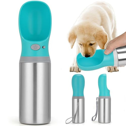 Portable Dog Water Bottle, 14 OZ, Stainless Steel Leak Proof Puppy Water Dispenser with Drinking Feeder for Pets Travel, Walking, Hiking and Outdoor Activities - size: 14 OZ - Blue, style: Button switch