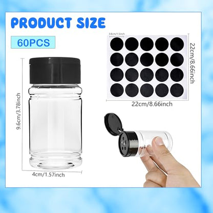 60 Pack 2.7 oz Plastic Spice Jars with Black Lids and Labels Empty Spice Bottles Clear Seasoning Shaker Containers for Kitchen Travel Camping