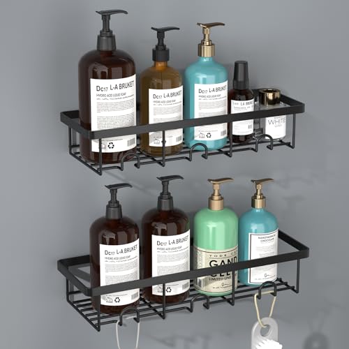 Adhesive Small Wall Shower Caddy Shelves for Inside Shower with Hooks | 2 Pack Shower Organizer Basket Rack, Shampoo Holder for Dorm Apartment RV Camper, Bathroom Storage and Organization, Black - color: Black, size: Small 2 Pack