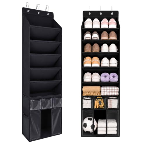 3in1 Over The Door Shoe Organizer with 5 Slanted Compartments,Removable Storage Bin & Transparent Pockets,Thickened Waterproof Oxford Fabric Shoes Rack for Shoes,Boots,Toys,Daily Essentials. (Black) - color: Black