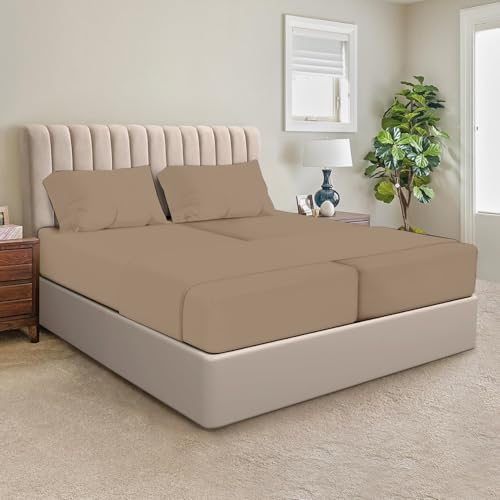 SGI Split King Sheet Set for Adjustable Bed Egyptian Premium Cotton Sheets for Sleep Number Bed 15" Deep Pocket 5 Pc Set with 2 Twin XL Fitted Sheets Soft Breathable - Taupe - color: 06 - Taupe, size: Split King