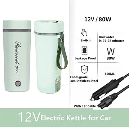 Portable Electric Travel Kettle, 350ml, BPA-Free & Food-Grade 304 Stainless Steel, Heats to 98°C, One-Button Operation & Auto Shut-Off, 12V/7A 80W Car Kettle for Car, Truck, RV - color: Green 12V/350ml