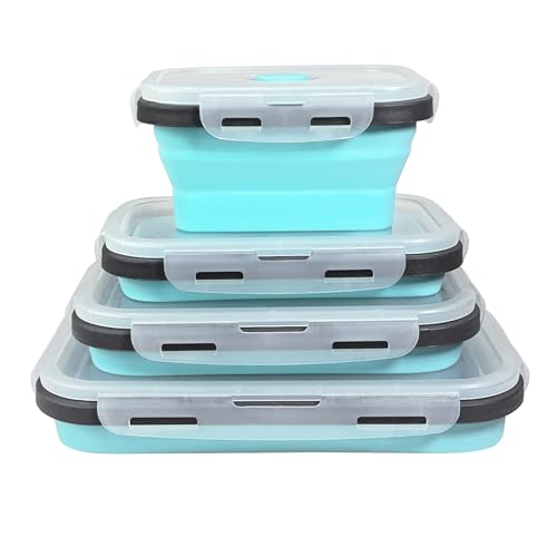Guyuyii 4 Pack Space-Saving Collapsible Food Storage Containers with Lids | 12/17/27/40 oz Food-Grade Silicone Set for RV, Camping, Meal Prep, Small Kitchens - Microwave/Freezer/Dishwasher Safe - color: blue