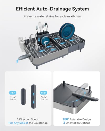 SUNLY Expandable Dish Drying Rack, Versatile Brackets for Pots & Pans, Space Saving Kitchen Drying Rack, Dish Racks for Kitchen Counter, Stainless Steel Dish Drainers with Extendable Spout, Gray - color: Gray