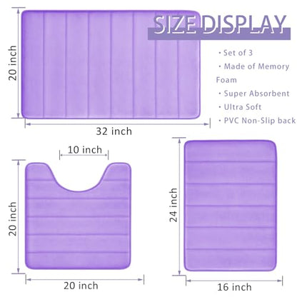 RUN HELIX Lavender Bathroom Rug Set 3 Pieces Ultra Soft, Striped Non Slip Memory Foam Toilet Mat, Absorbent Plush Shaggy Bath Mats for Bathroom, Bedroom, Kitchen - color: Lavender