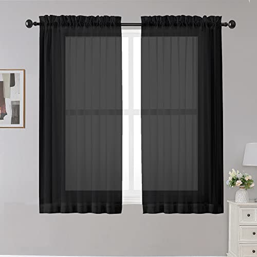 OWENIE Black Sheer Curtains, 45" Long Light Filtering Tiers for Kitchen, Basement, Bedroom - 2 Panels, Cafe Curtains for Small Windows, 42" W x 45" L - color: Black, size: 42"W x 45"L (Pack of 2)