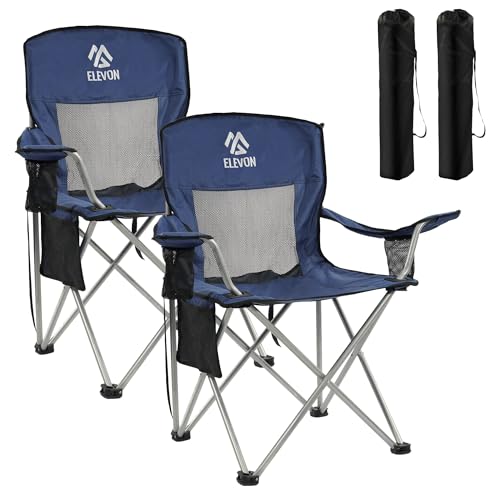 Elevon Camping Chair, Portable Folding Outdoor Chair with Arms, Cup Holder and Carry Bag - color: Navy Blue-2 Pack