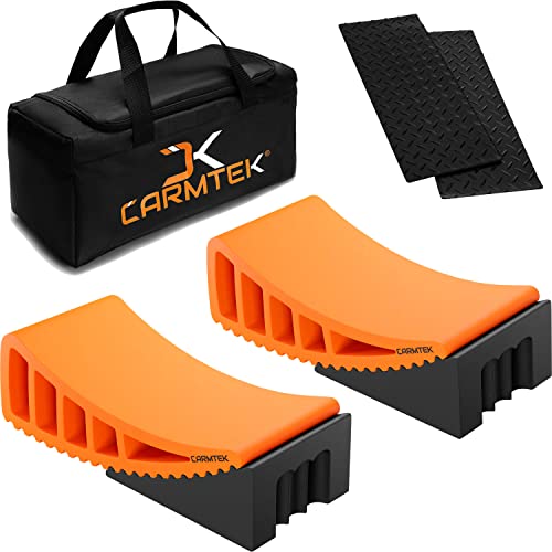 CARMTEK Camper Leveler Premium Kit | Fit Curved RV Levelers with Wheel Chocks, Rubber Mats & Carry Bag for Tight Dual Axle Trailers | Faster RV Leveling System than RV Leveling Blocks | RV Accessories - color: 2-Pack w/ Bag & Mats