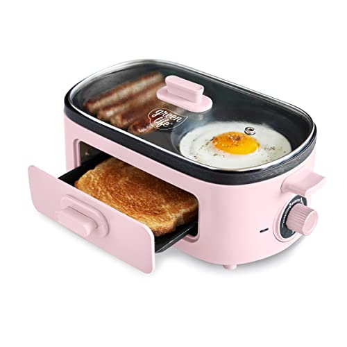GreenLife 3-in-1 Breakfast Maker Station, Healthy Ceramic Nonstick Dual Griddles for Eggs Meat Sausage Bacon Pancakes and Breakfast Sandwiches, 2 Slice Toast Drawer, Easy-to-use Timer, Pink - color: Pink