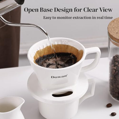 DOWAN Pour Over Coffee Maker, Non-Electric Pour Over Coffee Dripper with Open Base Design, Manual Brew Maker, Single Cups Porcelain Slow Brewing Accessories for Gifts, White - color: White with Open Base Design