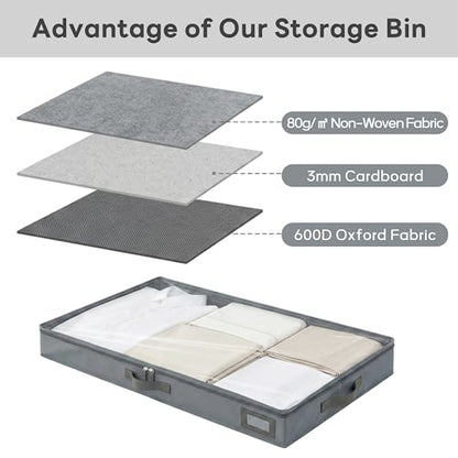 4" Low Profile Under Bed Storage Bins (3-Pack, Grey), Slim 600D Oxford Fabric Clothes Organizer Box with Reinforced Leather Handles, Sturdy Clear Lid - size: 4-Inch (3-PACK) - Slim