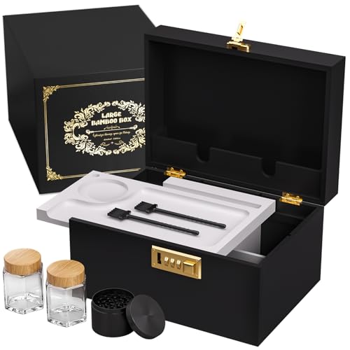 Bamboo Storage Box with Lid and Lock - Wooden Storage Box with Rolling Tray, Adjustable Dividers, Elegant Storage Organizer, Gift for Men - color: Black & White, size: Medium